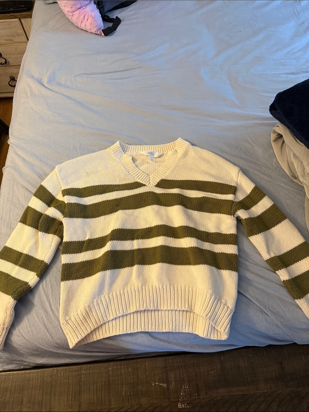 Market & Spruce Olive and Cream Striped V-Neck Sweater